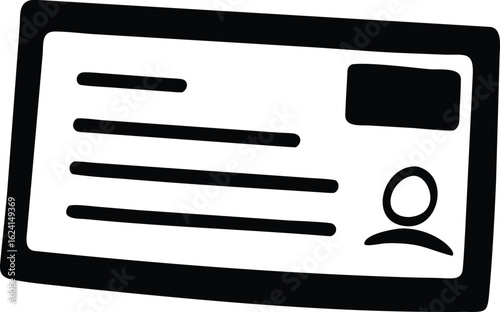 Black and white icon of a rectangular card with lines of text and a person silhouette identification