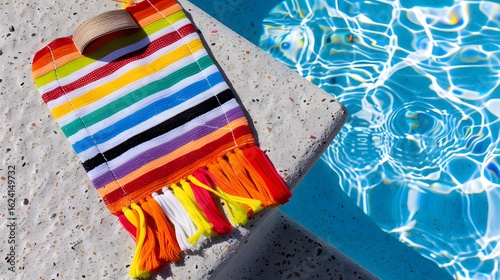 Colorful textile with fringe near sparkling blue water of swimming pool under sunlight