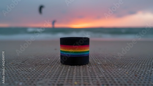 Colorful Stripe Pattern on Black Material with Sunset and Kitesurfing Background at Beach