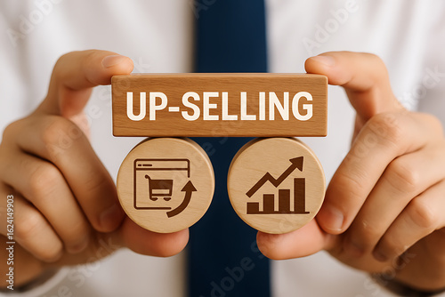 Concept of upselling on-line marketing. Sales technique for more profitable sale