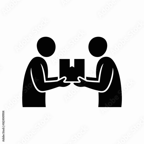 Two people handing a box to each other illustration