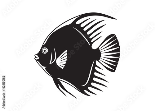 Black Vector Silhouette of Tropical Discus Fish with Elegant Circular Shape and Smooth Fins.