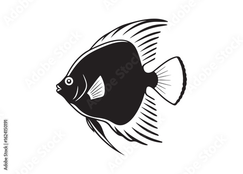 Black Vector Silhouette of Tropical Discus Fish with Elegant Circular Shape and Smooth Fins.