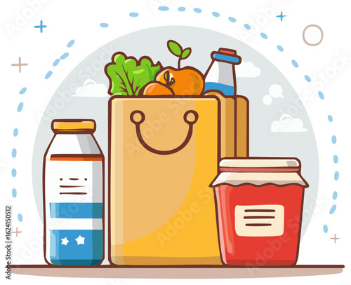 Paper grocery bag filled with fresh food milk and jam cartoon illustration