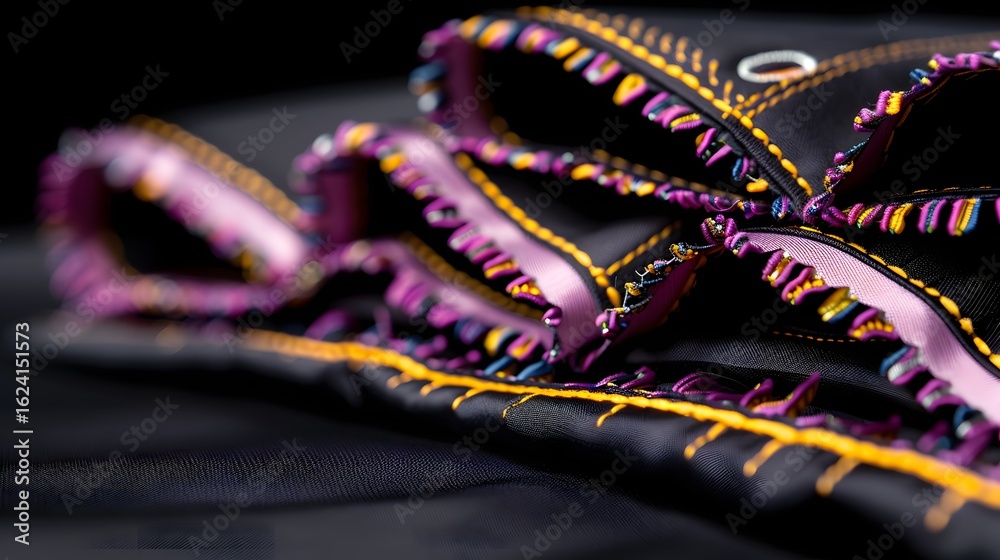 Fototapeta premium Colorful Textile Patterns with Intricate Stitching and Decorative Trim on Black Fabric Background