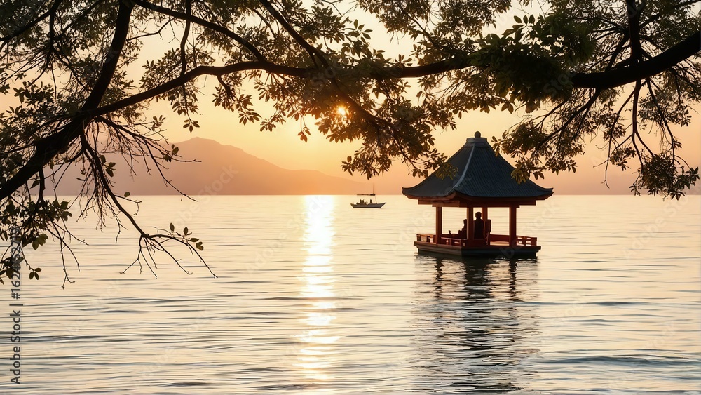 Serene lakeside view featuring a traditional gazebo on the water, silhouetted by the warm glow of sunset, with distant mountains and a small boat in the background Serene lakeside view featuring a traditional gazebo on the water, silhouetted by the warm glow of sunset, with distant mountains and a small boat in the background
