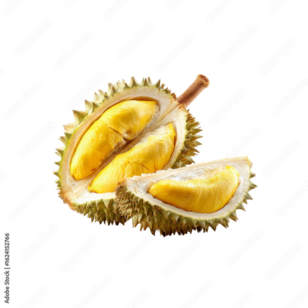 Fototapeta premium Fresh Durian Fruit Slices Isolated on Black Background