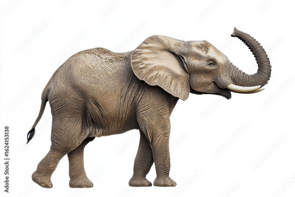 Obraz premium Elephant with raised trunk isolated on white background