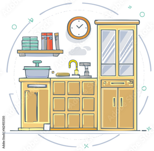 Modern kitchen interior scene with furniture and utensils. Line art doodle illustration.