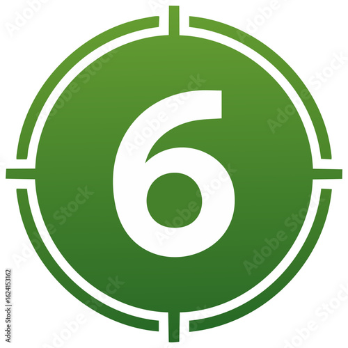 Green circle with white number 6 and target crosshairs graphic