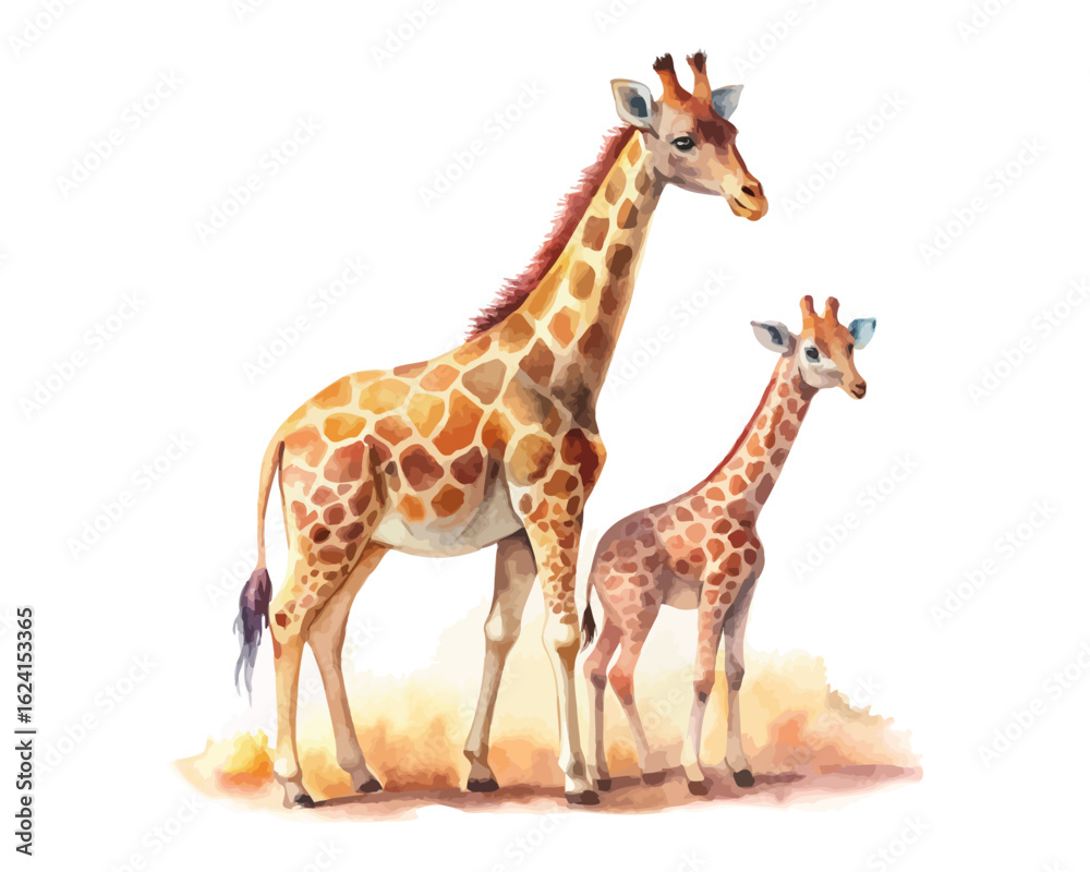 Obraz premium watercolor mother giraffe with her kid vector illustration isolated on white background
