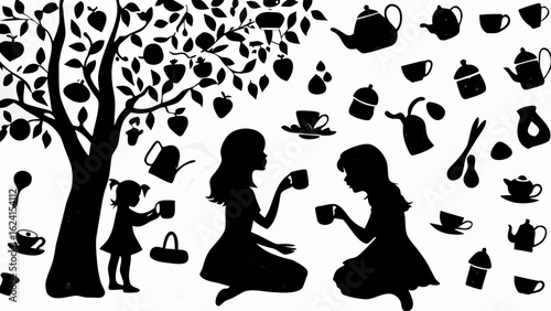 Silhouette of girls having tea party under apple tree with teapots and cups scattered around them