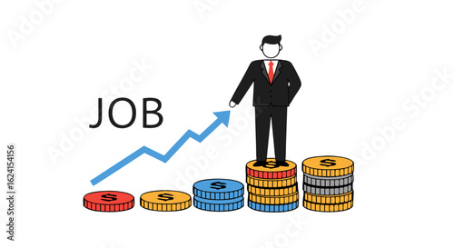 Career advancement depicted through a businessperson climbing stacks of coins representing financial growth and success in a job market progression