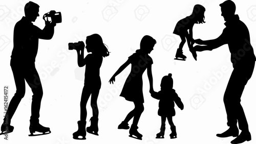Silhouette of people ice skating with photographers capturing the moment on a white background scene