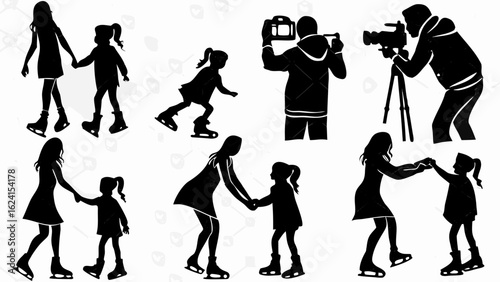 Silhouettes of people ice skating and photographers capturing the moment on the ice rink activity scene