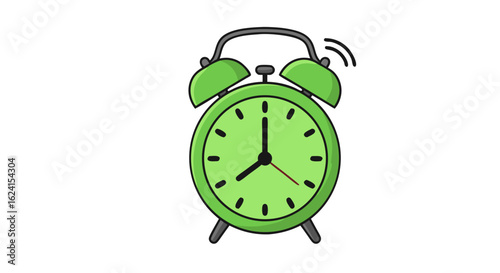 Whimsical Green Cartoon Alarm Clock Illustration on White Background for Time Management Projects