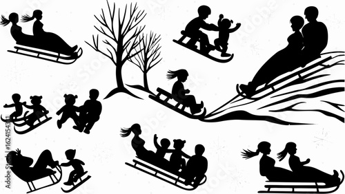 Silhouette illustration of people sledding down a snowy hill with bare trees in a winter scene outdoors