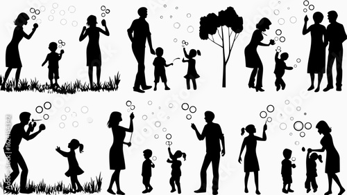 Silhouetted families and children blowing bubbles in a park with trees and grass on a white background