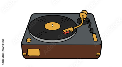 Animated vintage record player, stylized turntable with a black vinyl, musical artifact illustration, retro style audio equipment illustration