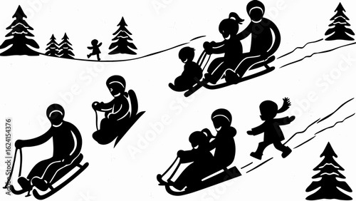 Silhouette illustration of children and adults sledding down a snowy hill with christmas trees around them