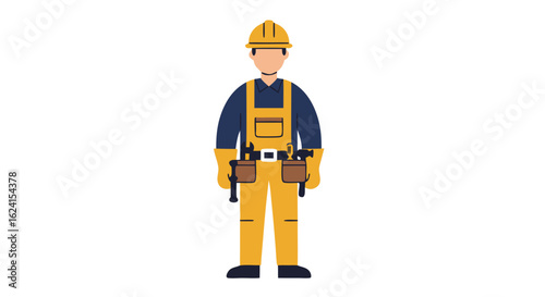 Illustrative vector representing a diligent construction worker ready for the building site operation, showcasing safety gear and essential tools