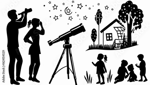 Silhouette of family stargazing with telescope near house under starry sky with moon and trees tonight