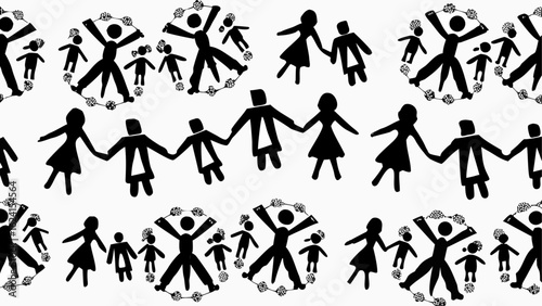 Illustration showing a repeating pattern of stick figures holding hands and forming circles on white silhouette