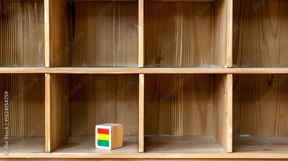 Colorful wooden block toy sitting on empty wooden shelf with natural background Colorful wooden block toy sitting on empty wooden shelf with natural background