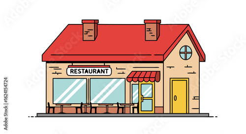 Charming cartoon restaurant building illustration with outdoor seating and inviting atmosphere