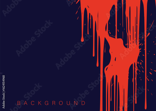 Red blood or paint flowing down on blue background. Halloween, murder and horror concept. Red ink splash, splatter and stain.