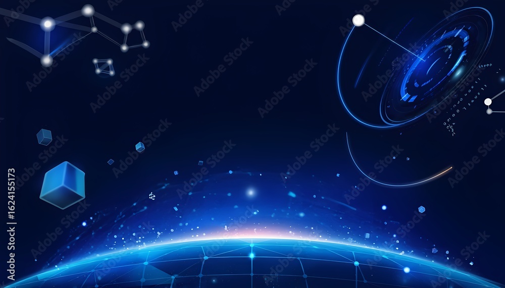 Obraz premium Futuristic digital network connecting earth with glowing blue lines and abstract geometric shapes in deep space representing global connectivity and advanced technology