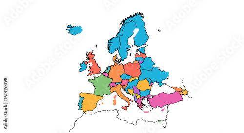Europe's geopolitical mosaic: A vibrant, colorful map highlighting country borders and regions with unique visual appeal on a white backdrop