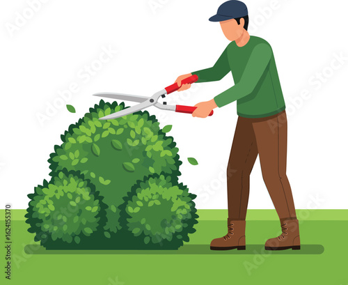 Gardener trimming a lush green bush with shears.