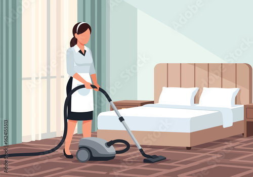 Housekeeper vacuuming a hotel room with a bed and nightstand.