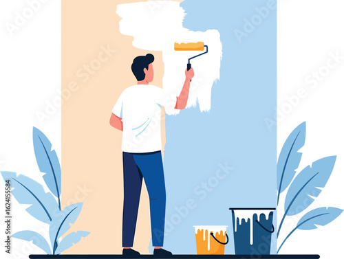 Man painting wall with roller home renovation and decor.