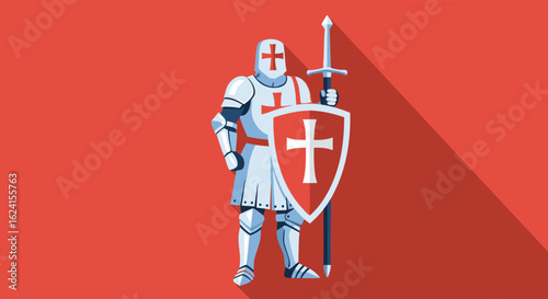 Stylized knight illustration with shield and sword, portraying a historical figure in armor on a vivid red backdrop