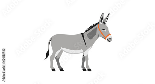 Illustration of a Gray Donkey with Orange Bridle on a Clean White Background Scene