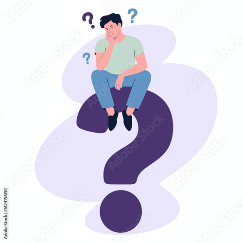 A Young Man Pondering Life's Big Questions Sitting on a Giant Question Mark