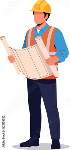 Construction worker in hard hat and safety vest holding blueprints.