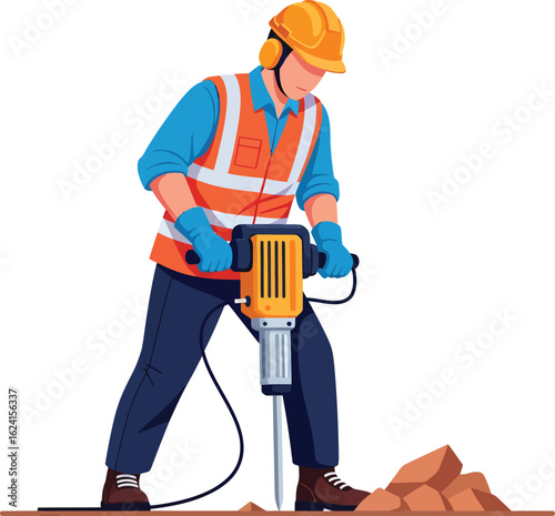 Construction worker operating a jackhammer on a site.