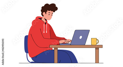 Illustration of a young professional working remotely on laptop with coffee mug on desk creating opportunities and connections using technology in
