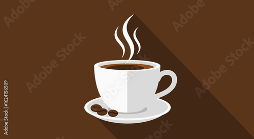 Aromatic Coffee Delight: Minimalist Illustration of Steaming Cup with Beans and Shadow Detail
