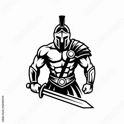 Mighty warrior with a sword and helmet in ancient armor ready for battle