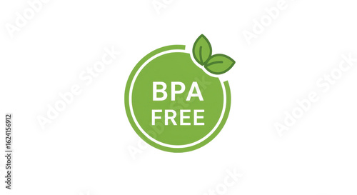 BPA Free green circular vector icon with two leaves, symbolizing eco-friendly, non-toxic, and healthy product certification for packaging and labels