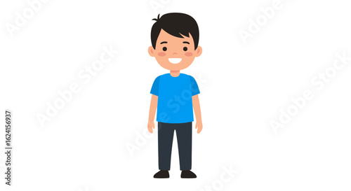Full body portrait of a cheerful cartoon boy with a bright smile standing straight and confident posture against plain white background