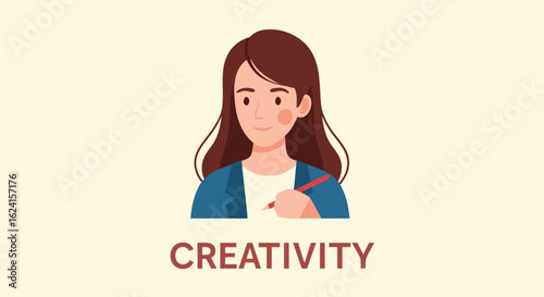 Illustration showcasing a female artist in the process of conceptualizing and creating ideas using her design skills