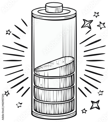 Hand-Drawn Illustration of Low Battery Symbol with Star Accents