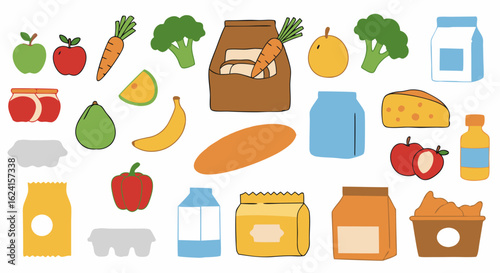 Delightful assortment of groceries and fresh produce in a playful cartoon style illustration for visual appeal