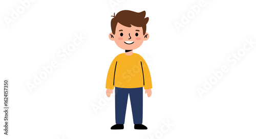 Illustration of a cheerful young boy with brown hair wearing casual attire standing straight, ready to explore the world