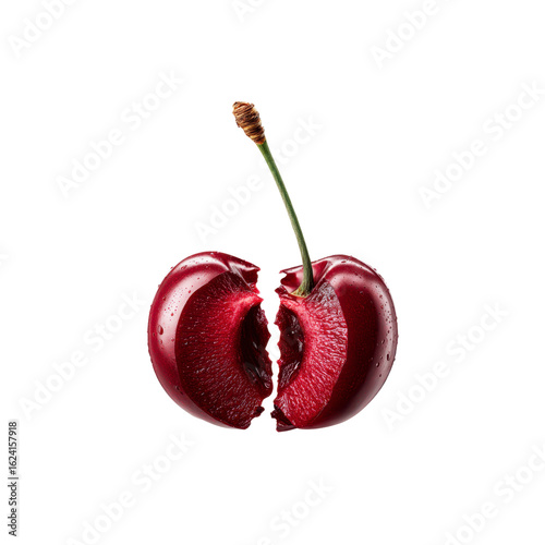 Juicy Red Cherry Broken in Two, Isolated on Black Background